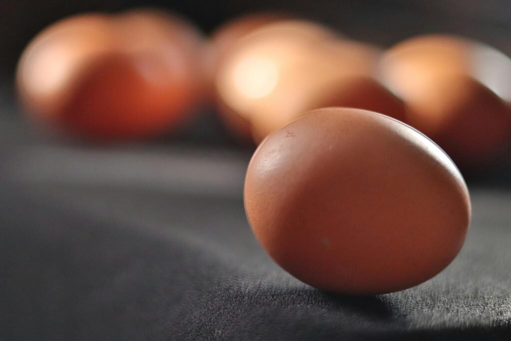 Close-up of brown eggs on dark fabric, highlighting texture and shape.